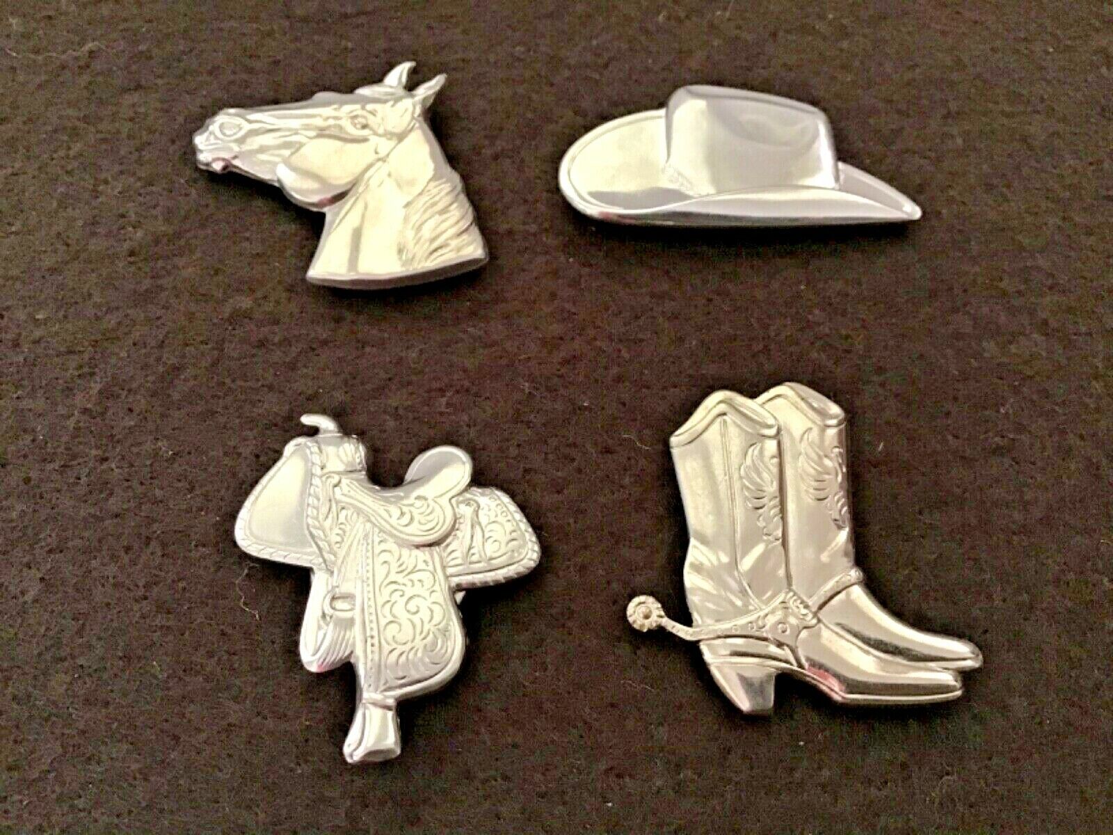VINTAGE WESTERN COWBOY BUTTON COVERS ~ HORSE HEAD, BOOTS, HAT, SADDLE ~ SET of 4