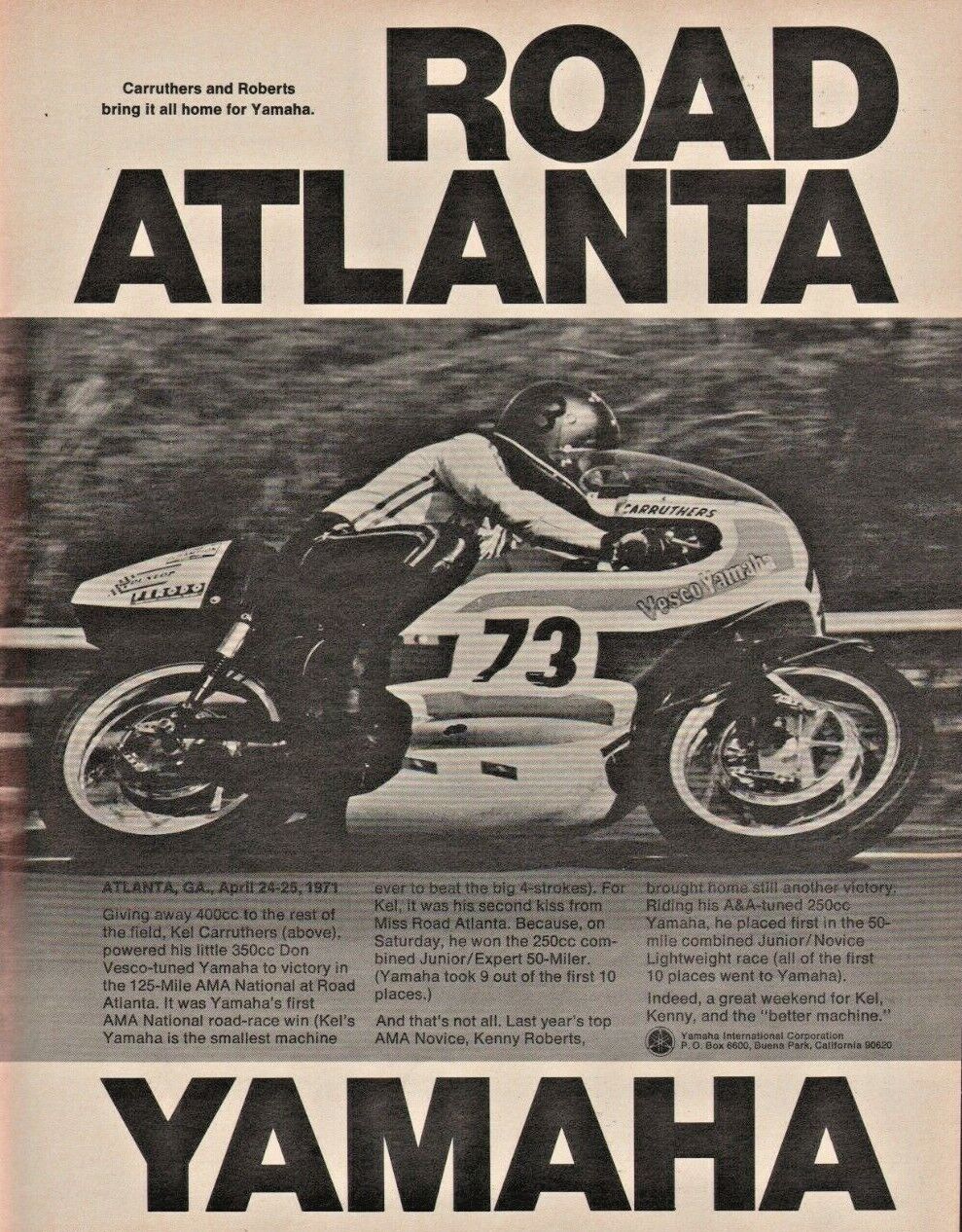 1971 Yamaha Kel Carruthers & Kenny Roberts Road Atlanta - Vintage Motorcycle Ad
