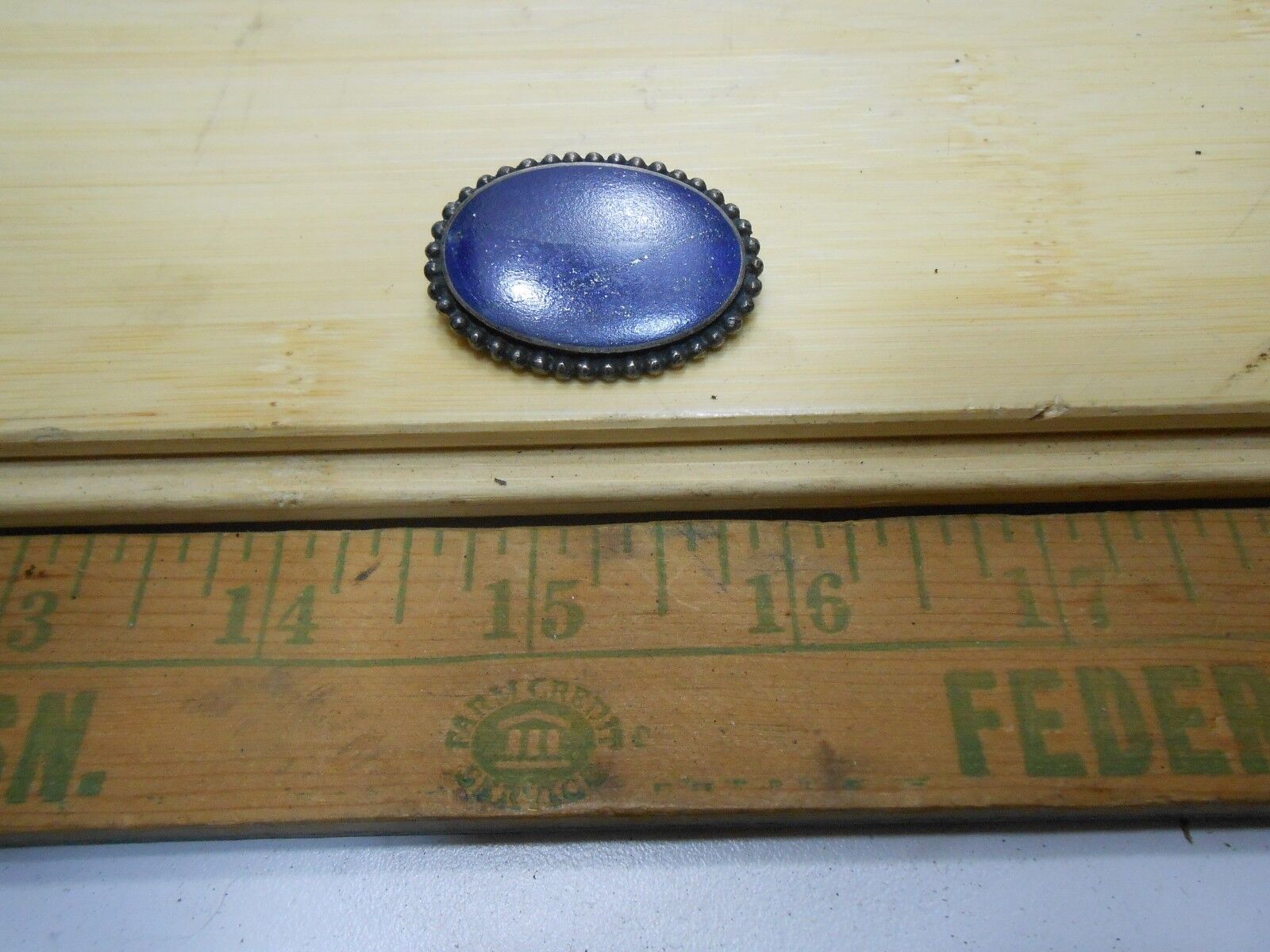 Vintage Patina Blue Lapis Sterling Silver Brooch Pin Marked 30WA.