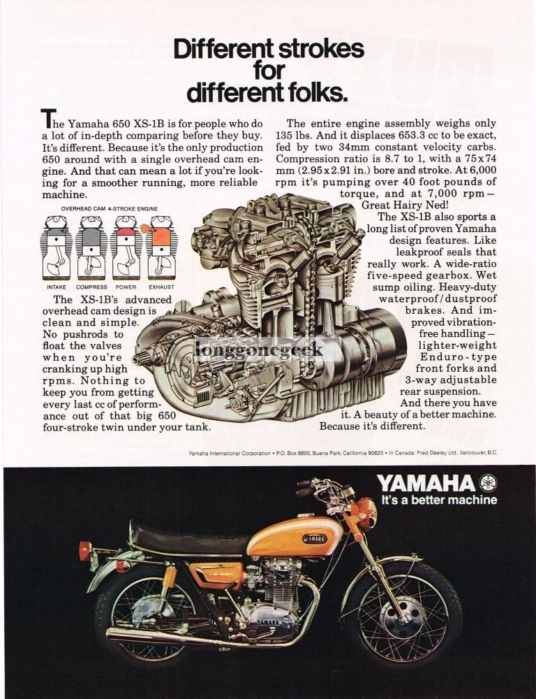 1971 Yamaha 650 XS-1B Motorcycle Vintage Ad