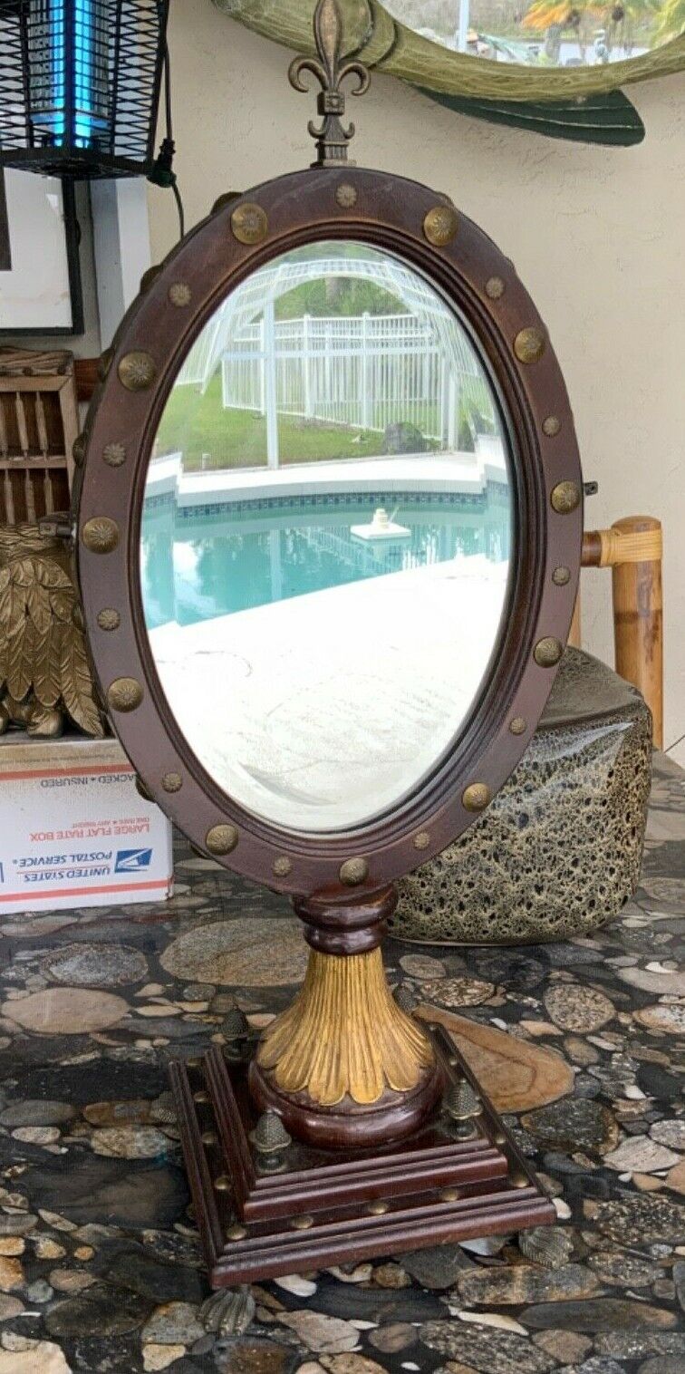 Vintage Victorian Reproduction Wooden Swivel Vanity Mirror Beveled Glass