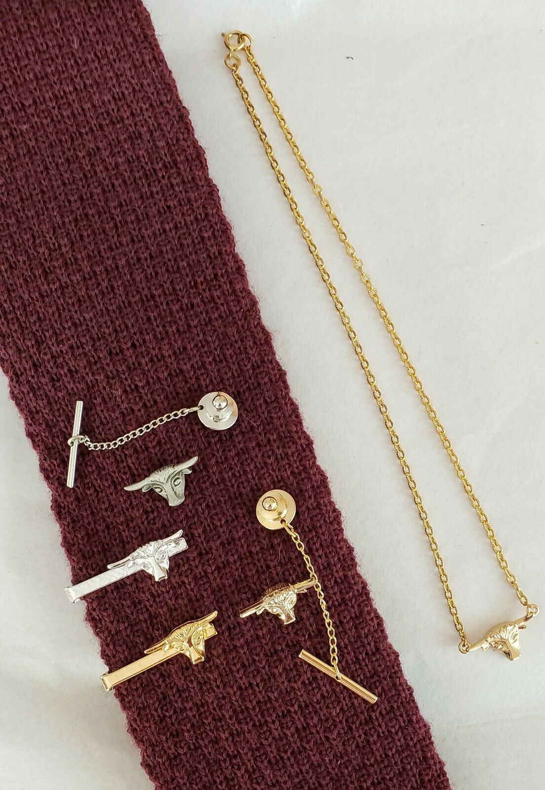 Vintage Steerhead Jewelry lot of 5 pcs: 2 Tie Tacks, 1 pendant, 2 tie clips