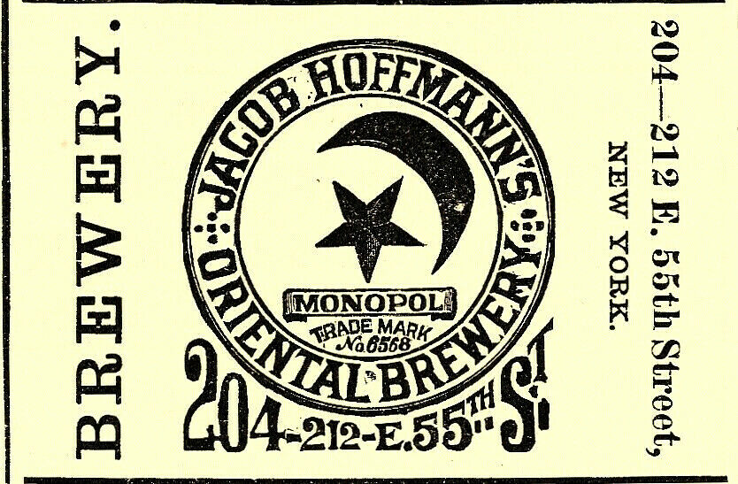 1878 JACOB HOFFMANN ORIENTAL BREWERY, NEW YORK CITY BEER ADVERTISEMENT #1